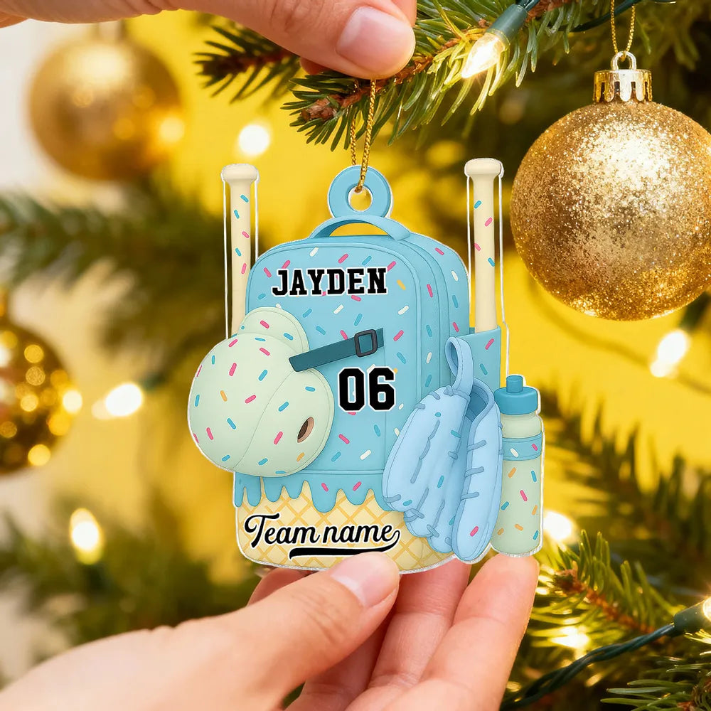 Acrylic Ornament Baseball Softball Backpack, customizable candy-sprinkle design for holiday tree, cute unique gift for kids