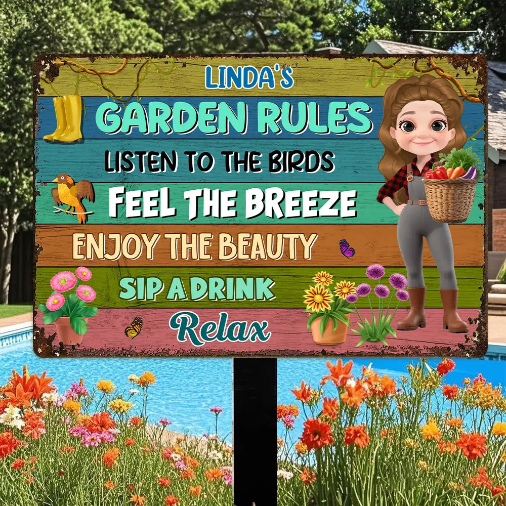 Garden Rules Custom Rectangular Iron Sign – Listen to the Birds, Feel the Breeze, Enjoy the Beauty – Gift for Garden Lovers