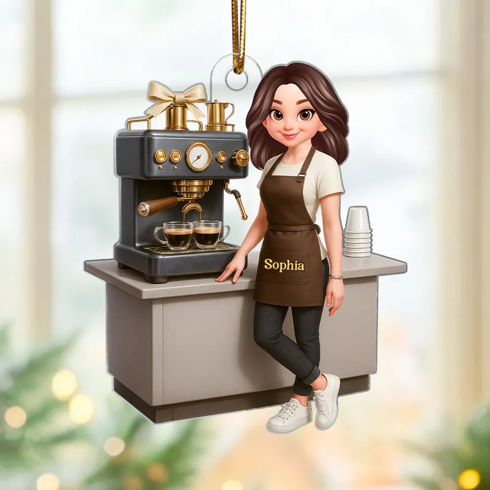 Custom Coffee Barista Acrylic Ornament With Espresso Machine Scene, Warm Holiday Decor, Creative Gift for Coffee Fans