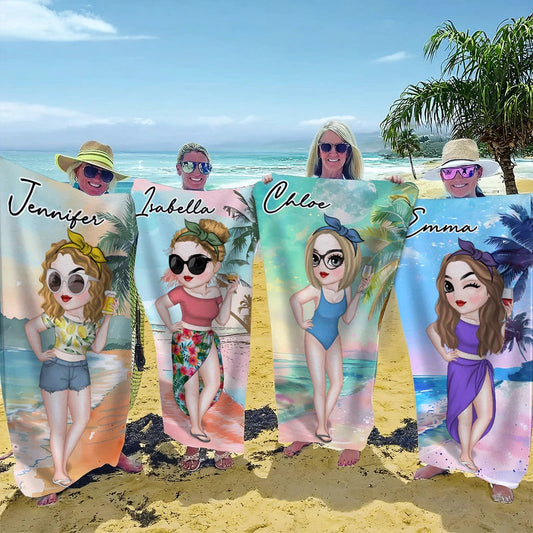 Personalized Beach Towel with Stylish Summer Lady Cartoon, Colorful Poolside Beach Trip Decor, Unique Gift for Her