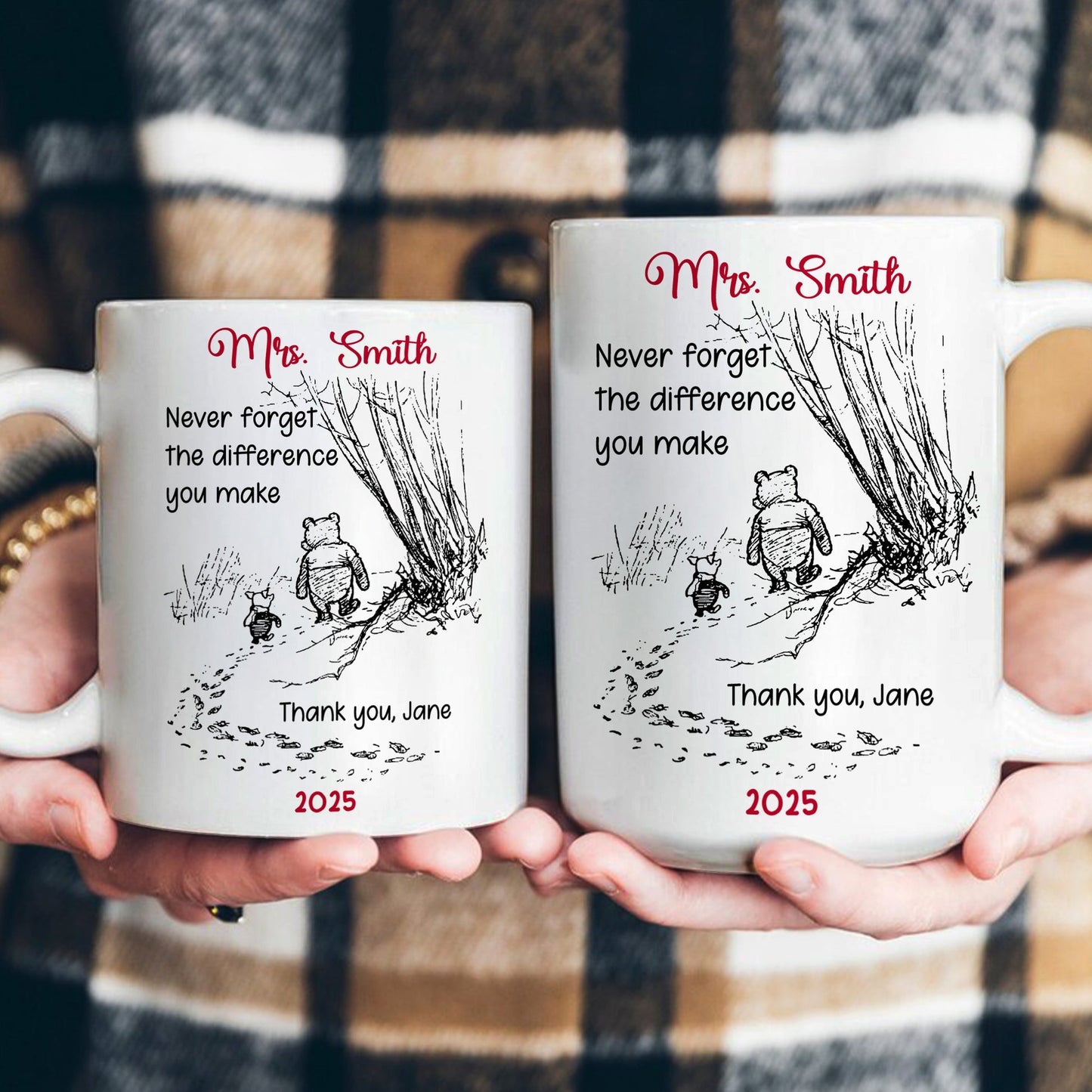 Personalized White Ceramic Mug for Teacher with Cute Bear Illustration, Daily Coffee Reminder of the Difference They Make, Unique Thank You Gift