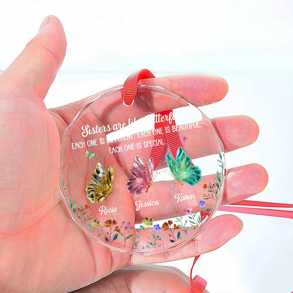 Sisters Are Like Butterflies Crystal Ornament, Personalized, Butterfly & Floral, Christmas Tree decor, unique gift for Sister
