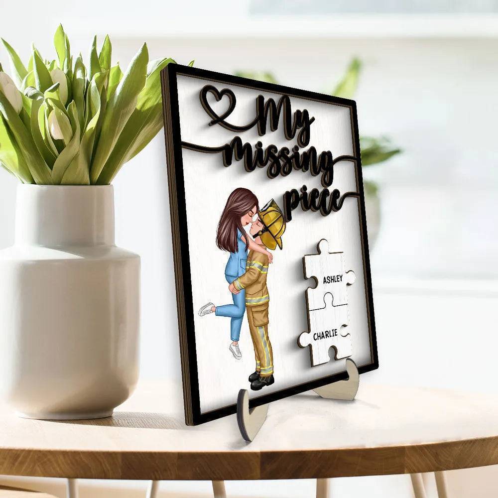 My Missing Piece - Personalized 2-Layer Wooden Plaque for Heroes - Firefighters, Nurses, Police Officers - Romantic Gift for Valentine's & Anniversaries