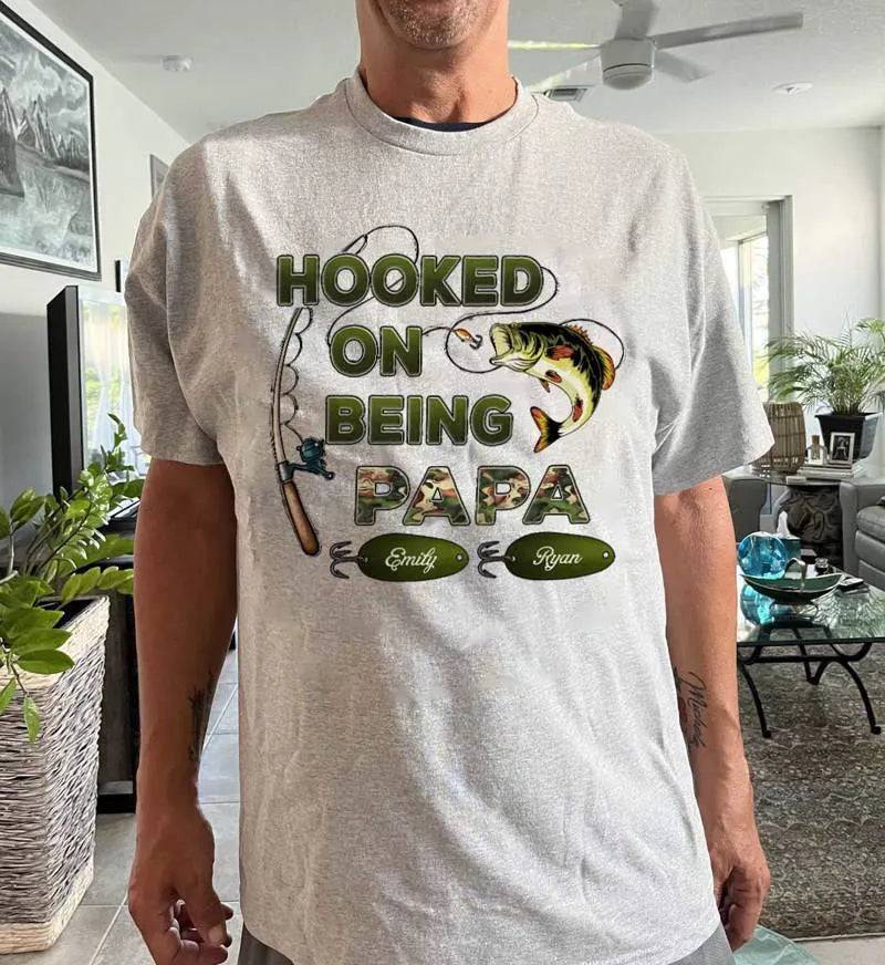 "Personalized Grandpa Fishing T-Shirt/Hoodie - Hooked on Being Grandpa - Ideal Father's Day or Birthday Gift"