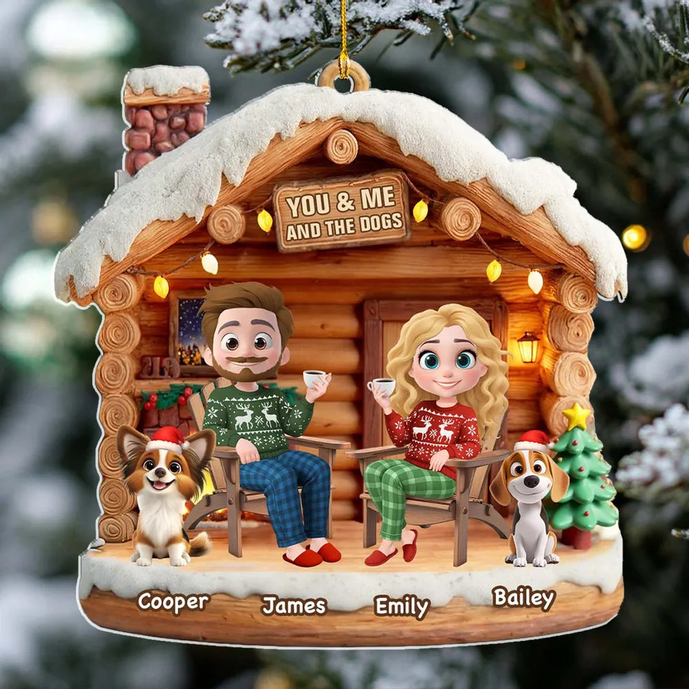 Custom You & Me and the Dog Acrylic Ornament for Couples, Cute Holiday Cabin Design, Heartwarming Christmas Tree Gift