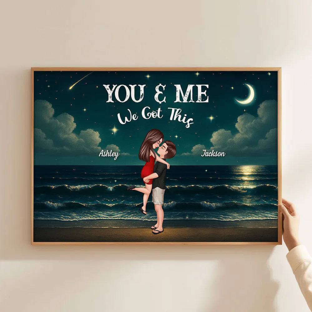 Personalized Night-Sky Canvas – “You & Me” Quote, Cartoon Hug on Waves, Anniversary Gift