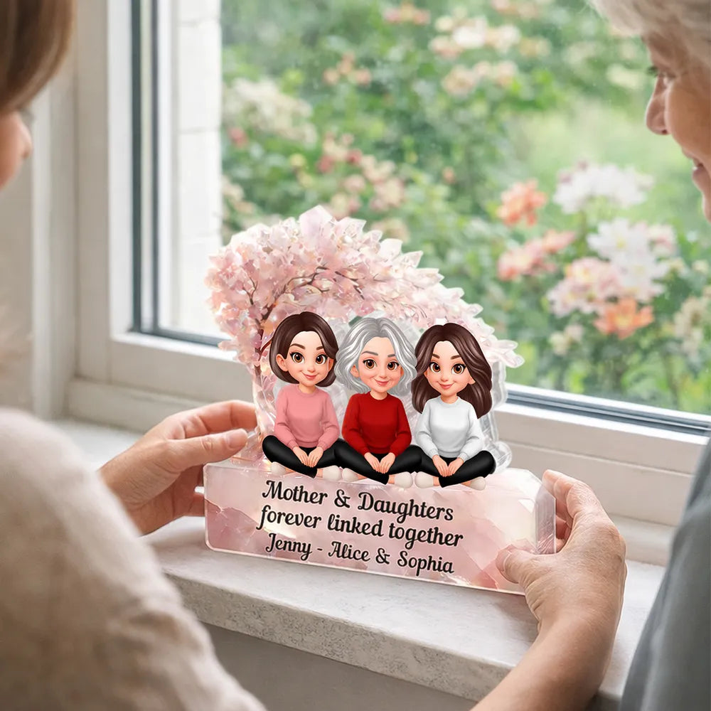 Personalized Shaped Acrylic Block Plaque, Mother & Daughters Under Pink Blossom Tree, Unique Gift for Mom