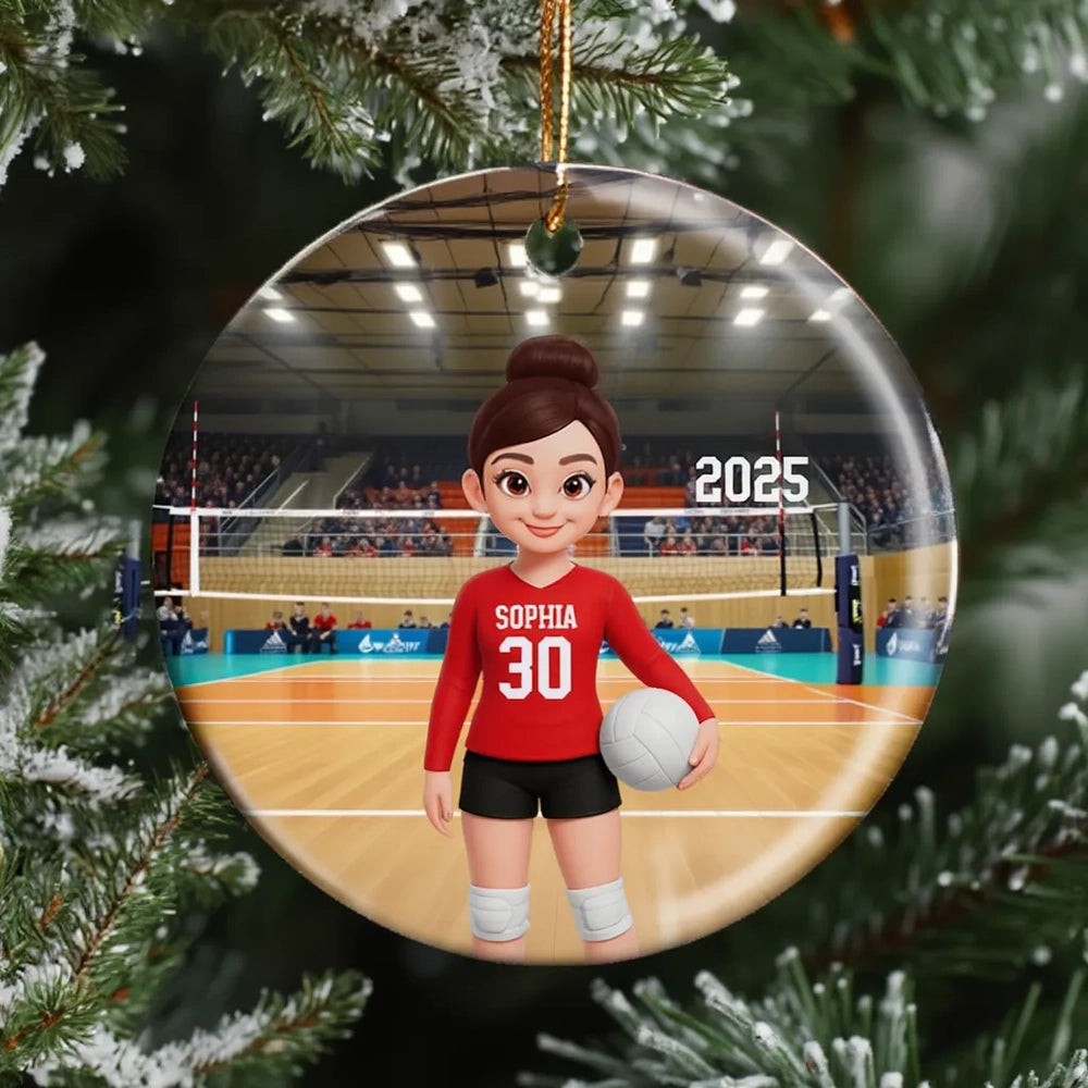 Volleyball Girl Ceramic Ornament with Court Scene, Unique Gift for Teen Athlete or Daughter