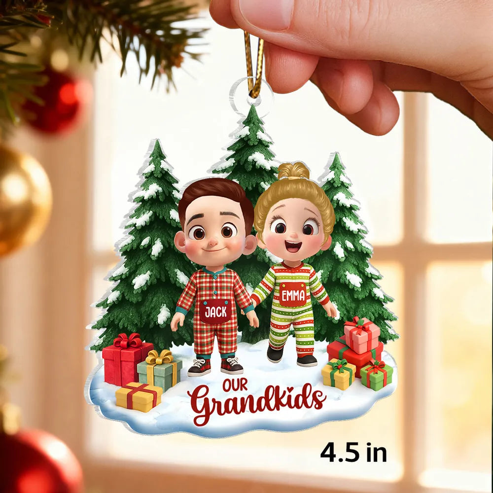 Personalized Acrylic Ornament with Cute Cartoon Grandkid, Festive Christmas Trees & Gifts, Unique Holiday Gift for Grandma & Grandpa