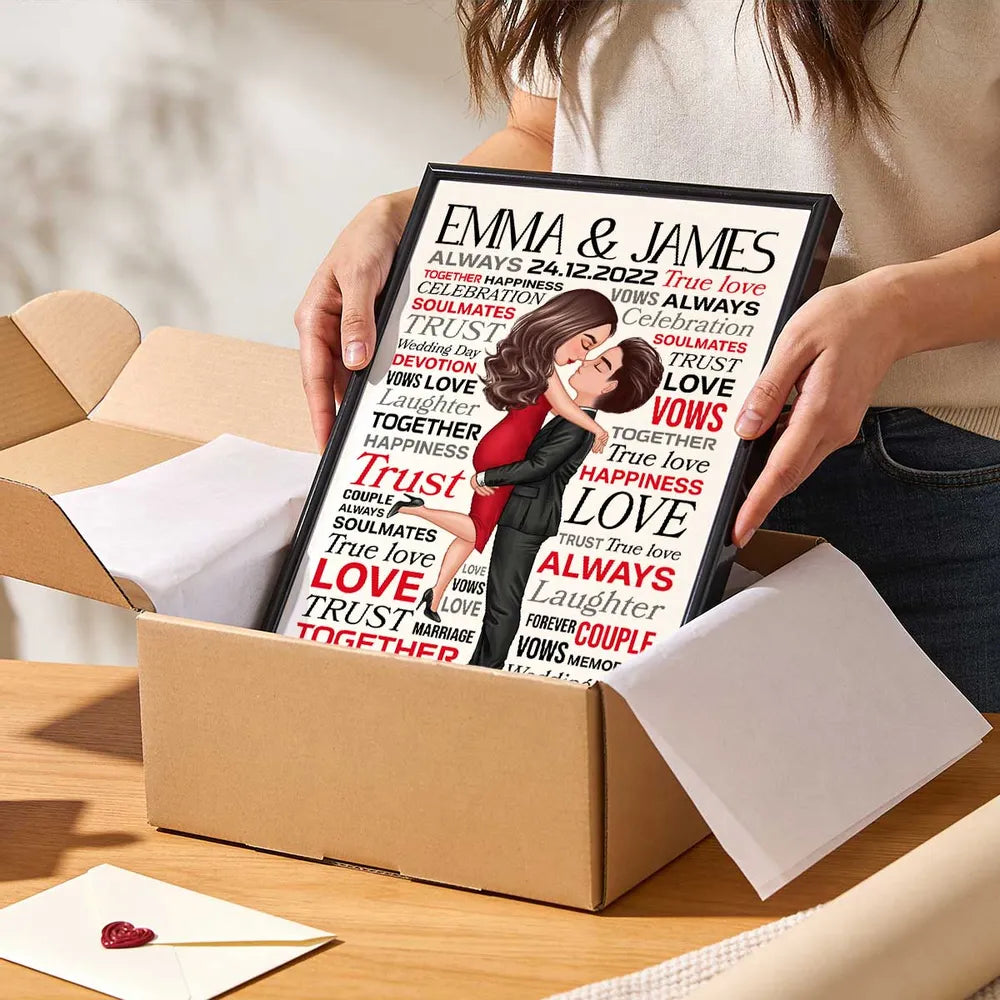 Personalized Couple Word Art Poster Romantic Hugging Kissing Wall Decor Unique Creative Gift For Wife Or Husband