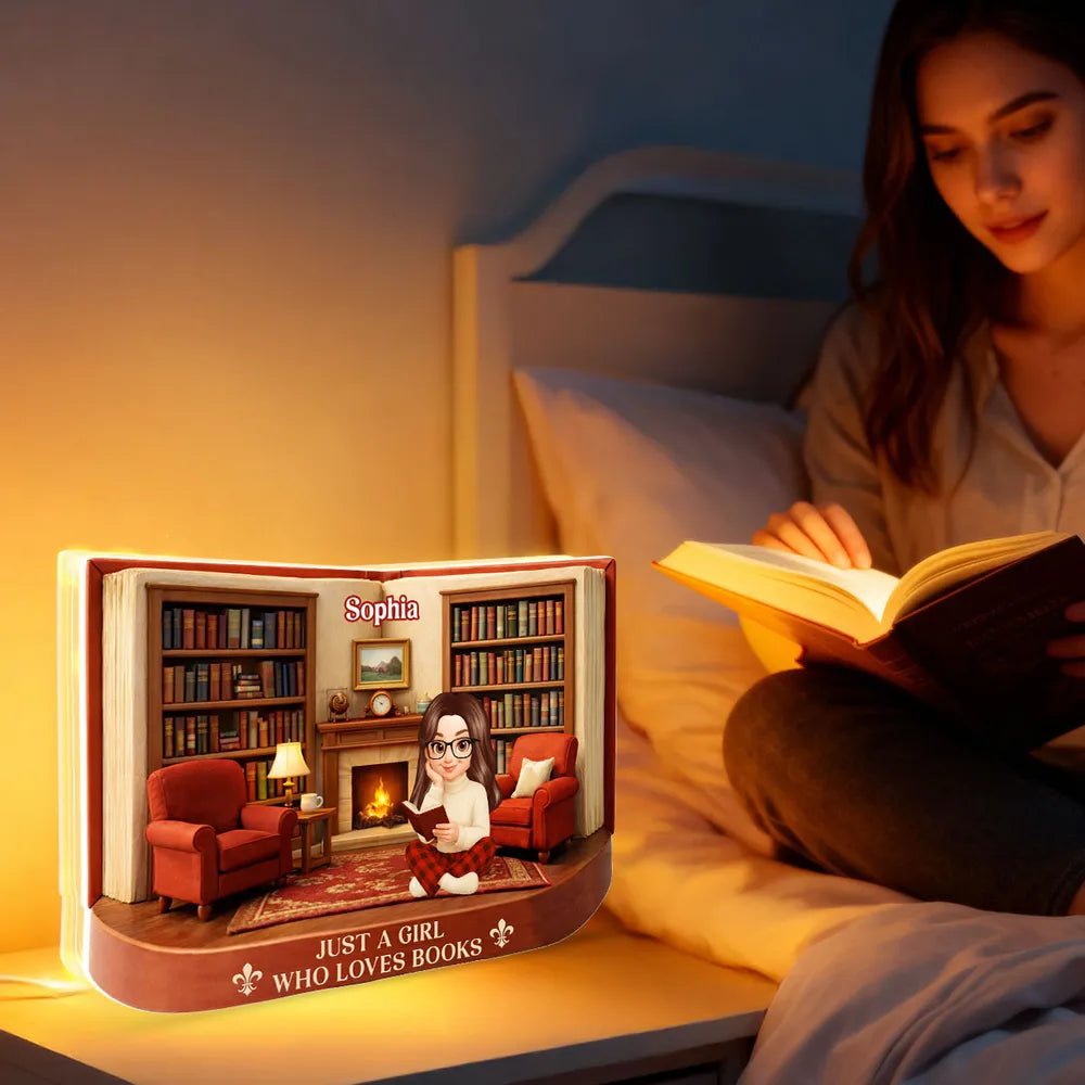 Personalized Acrylic Light Box Just A Girl Who Loves Books Cozy Reading Room Warm Glow Unique Gift for Book Lovers