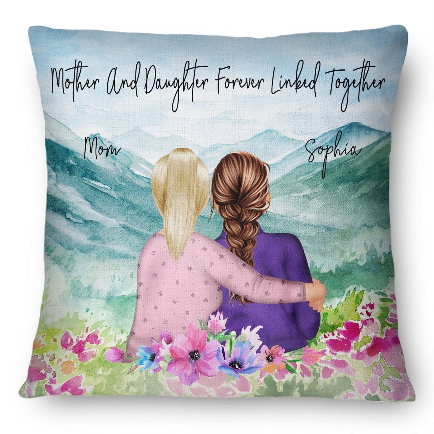 Mother And Daughter Pillow With Watercolor Mountain View, Hugging Scene Cushion, Unique Gift For Mom And Cozy Sofa Decor
