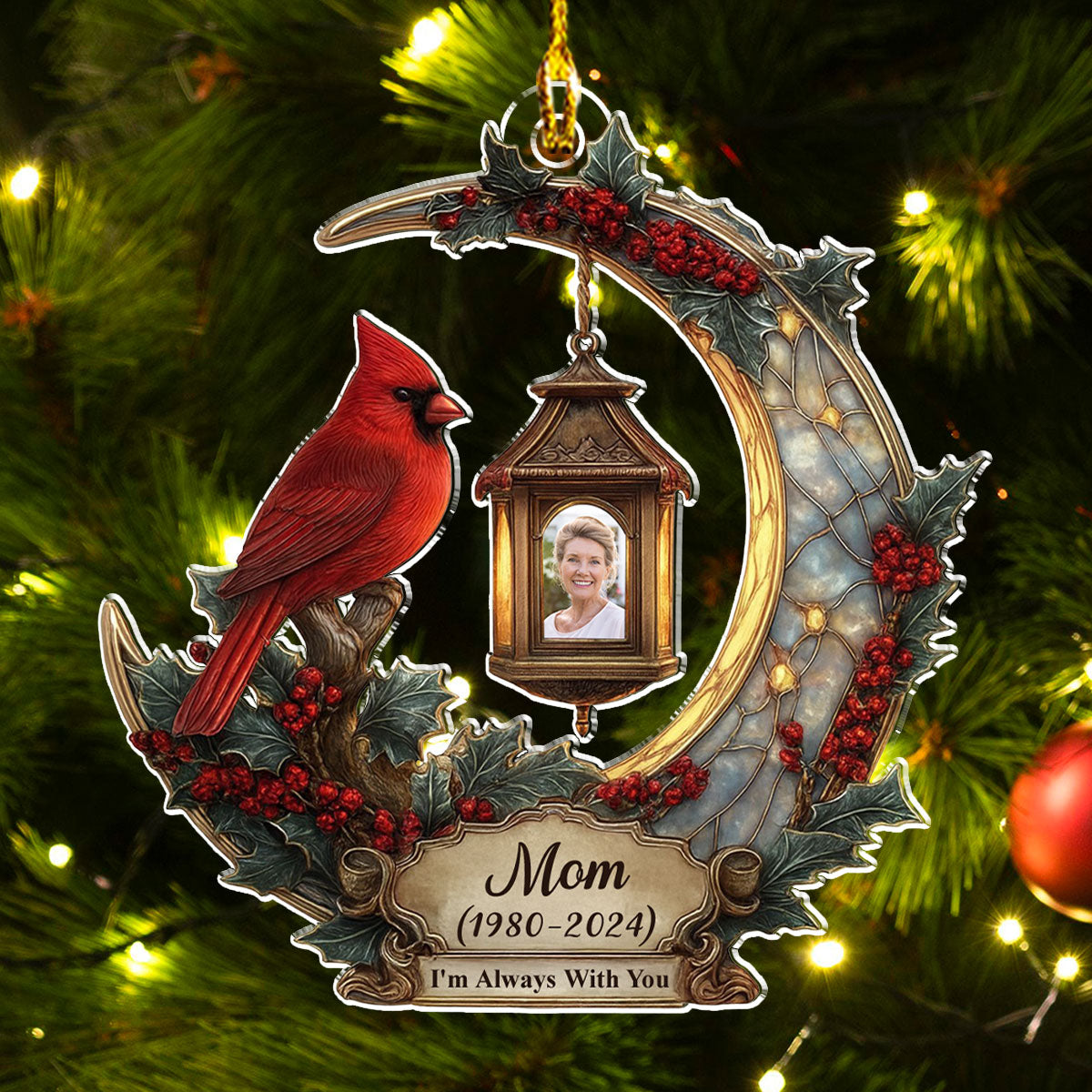 Personalized Memorial Cardinal Moon Acrylic Ornament with Photo, In Loving Memory Christmas Keepsake