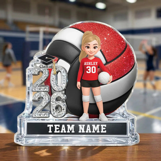 Volleyball Shaped Acrylic Block Plaque, Personalized Class Keepsake for a Senior Player - Proud Team Gift for Her