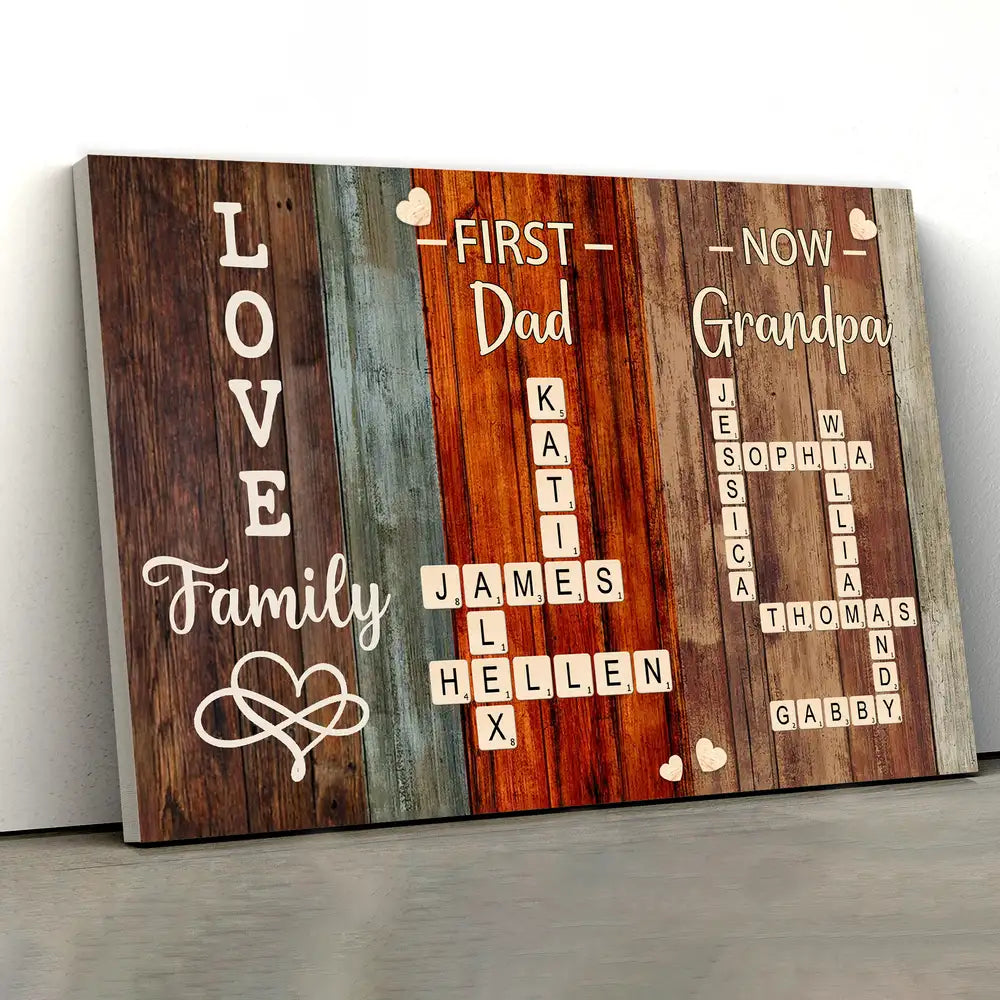 “First Dad, Now Grandpa” Rustic Crossword Poster – Personalized Family Names, Father’s Day Wall Art