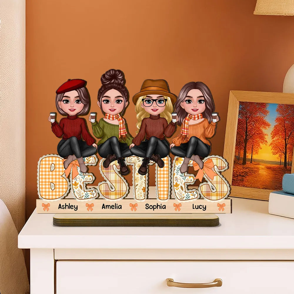 BESTIES Wooden Plaque – Autumn Coffee Time with Friends & Sisters, Personalized Gift for Best Friends