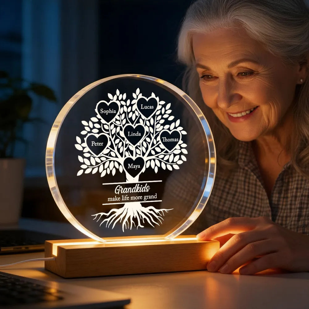 Shaped Acrylic Block LED Plaque Personalized for Grandma - Glowing Grandkids Family Tree Keepsake, Heartwarming Gift