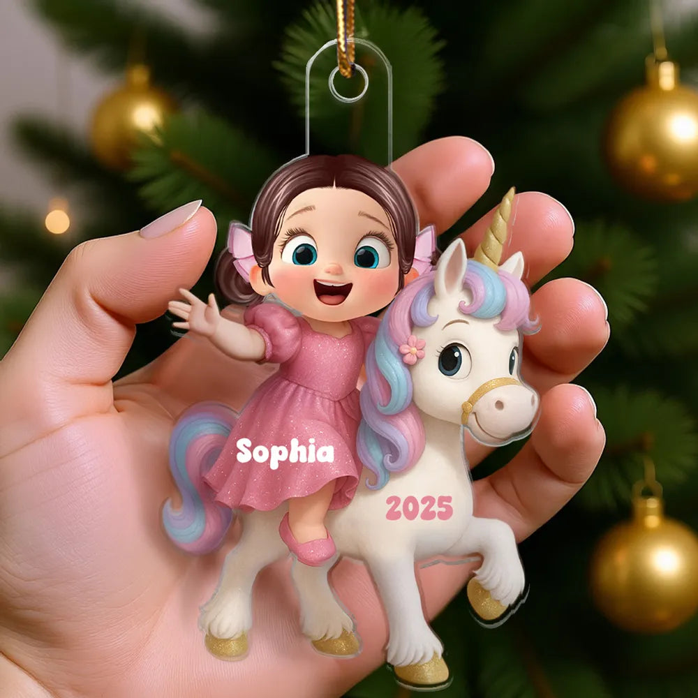Acrylic Ornament with Girl & Unicorn Cartoon Design, Dreamy Pink Holiday Style, Perfect Gift for Kids and Family