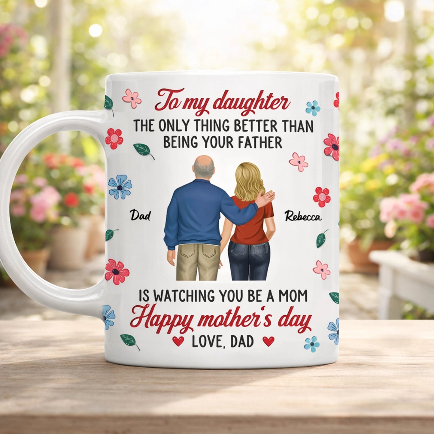 Personalized White Ceramic Mug for Dad to Daughter, Back-Hug Illustration & Happy Mother's Day Message, Unique Gift