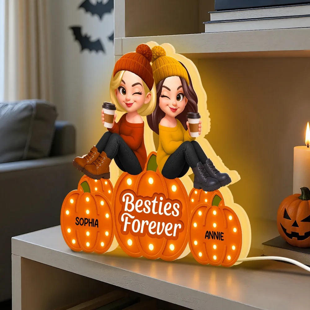 Besties Forever Acrylic Light Box with Pumpkin Marquee Glow, Sitting Friends, Cozy Fall Decor, a Unique Gift for Best Friend