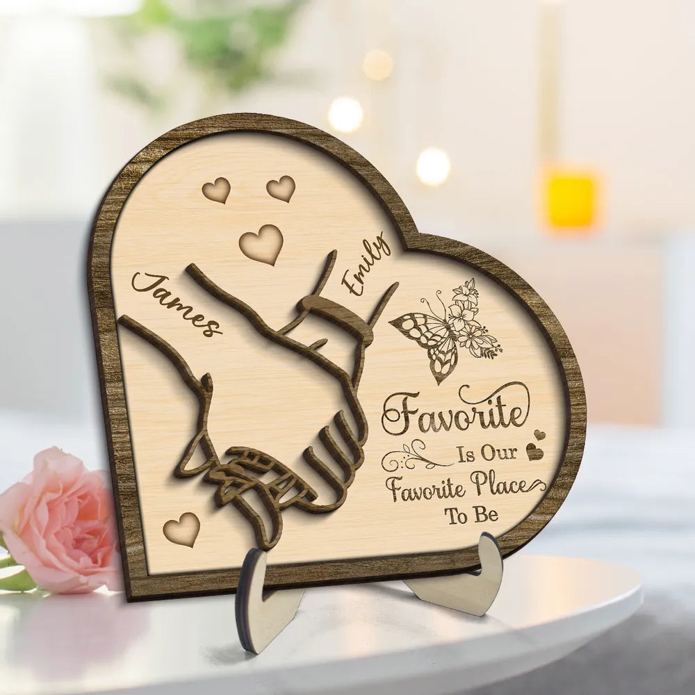 Personalized 2-Layer Wooden Plaque with Holding Hands and Heart Quote for Couples, Unique Romantic Gift for Him or Her