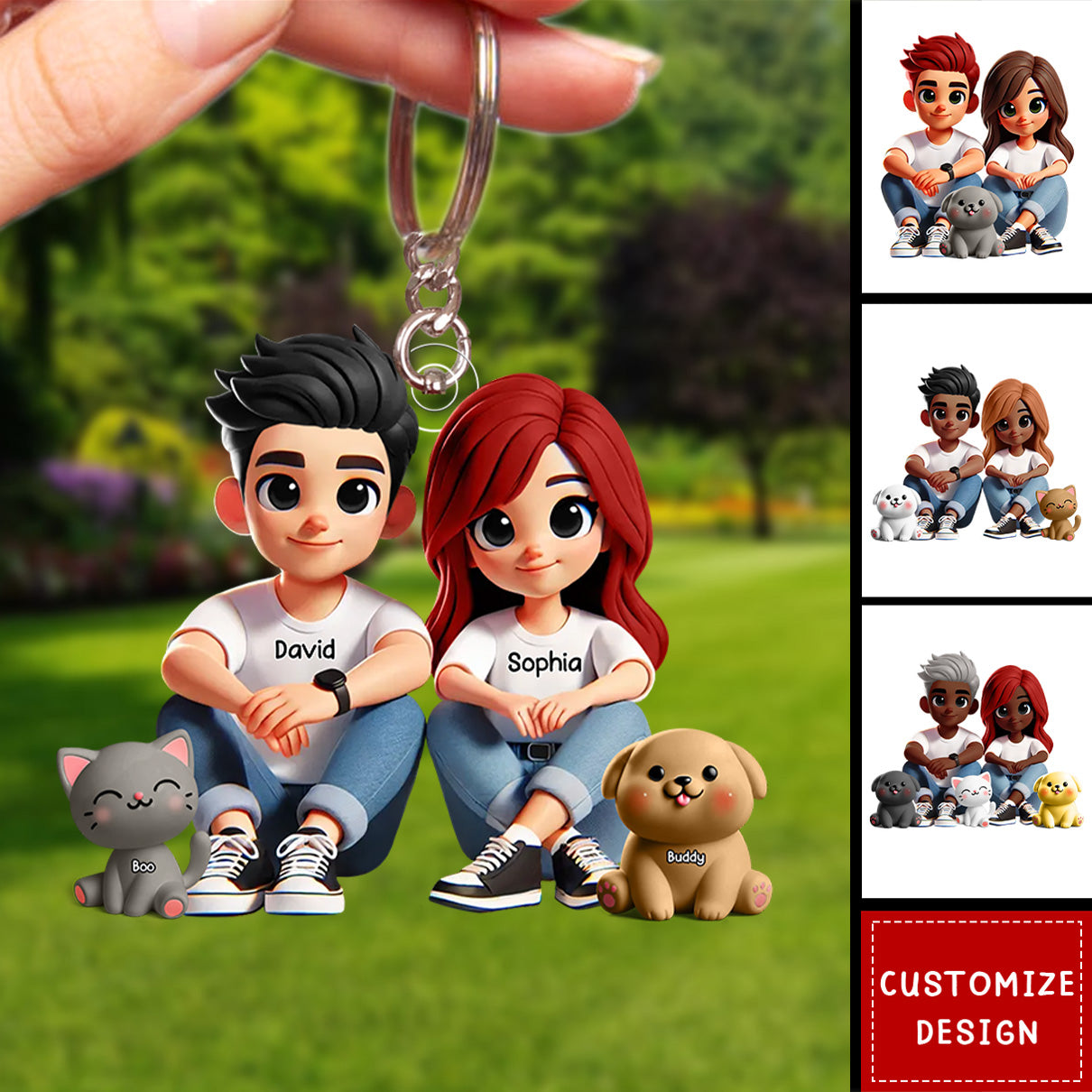 Personalized Acrylic Keychain – Cute Couple Cartoon Keychain with Names and Pet, Perfect Gift for Couples, Custom Love Keepsake for Family and Relationship Celebrations