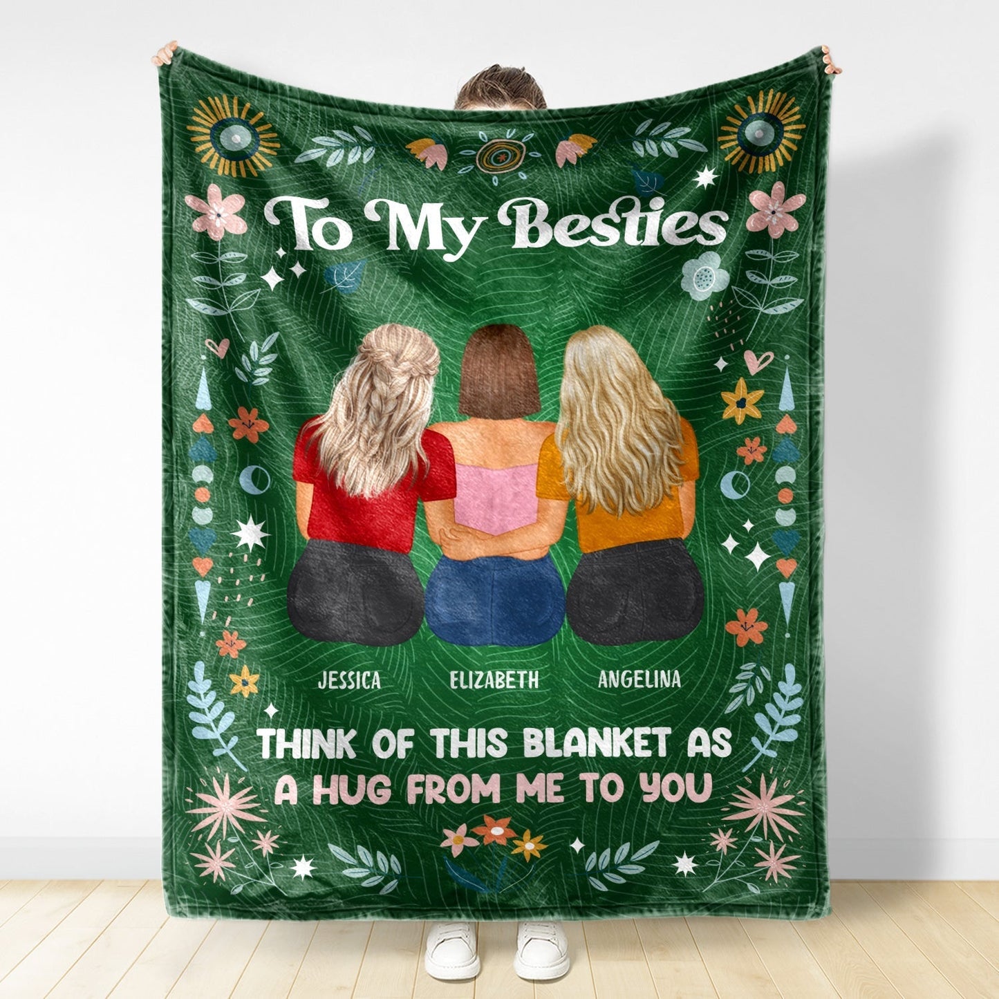 Fleece Blanket for Sister, Hugging Sisters Art with 'To My Sister' & 'A Hug from Me to You', Navy Floral, a Unique Gift