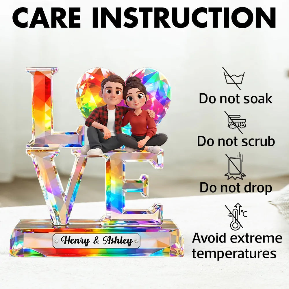 Personalized LOVE Shaped Acrylic Block Plaque With Cozy Sitting Couple, Rainbow Crystal Look Decor, Unique Gift For Her Or Him