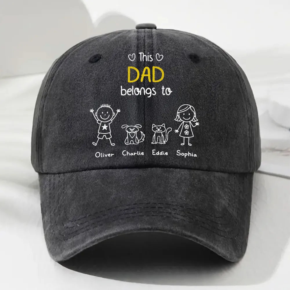 Baseball Cap, Washed Denim Personalized 'This Dad Belongs To' Design, Adjustable & Breathable - Unique Gift for Dad