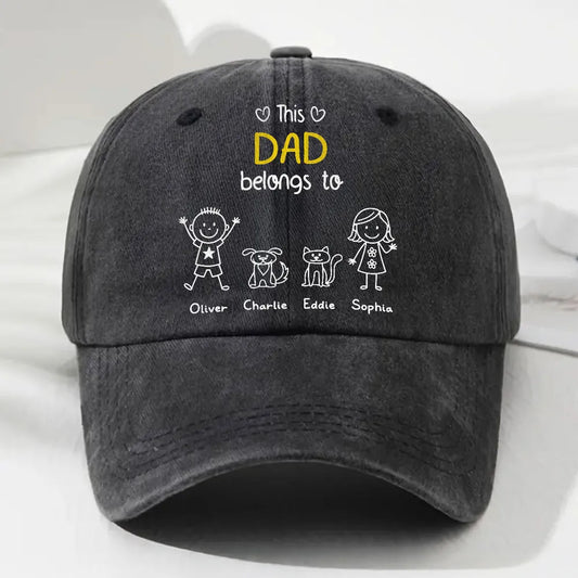 Baseball Cap, Washed Denim Personalized 'This Dad Belongs To' Design, Adjustable & Breathable - Unique Gift for Dad