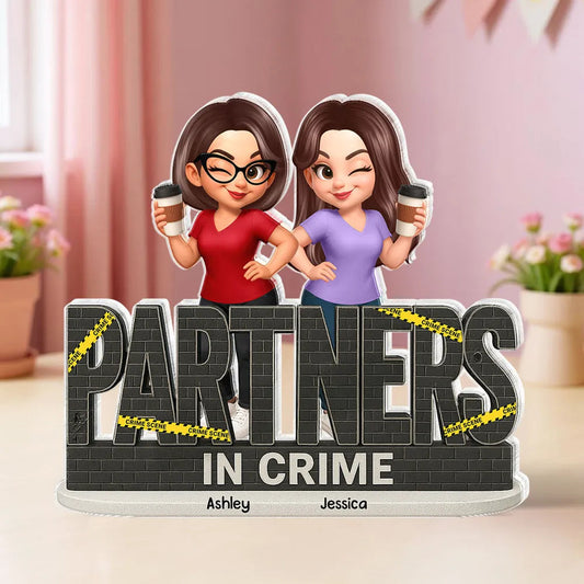 “PARTNERS IN CRIME” Sisters Linking Arms with Coffee Shaped Acrylic Block Plaque, Creative Gift for Sister, Customizable