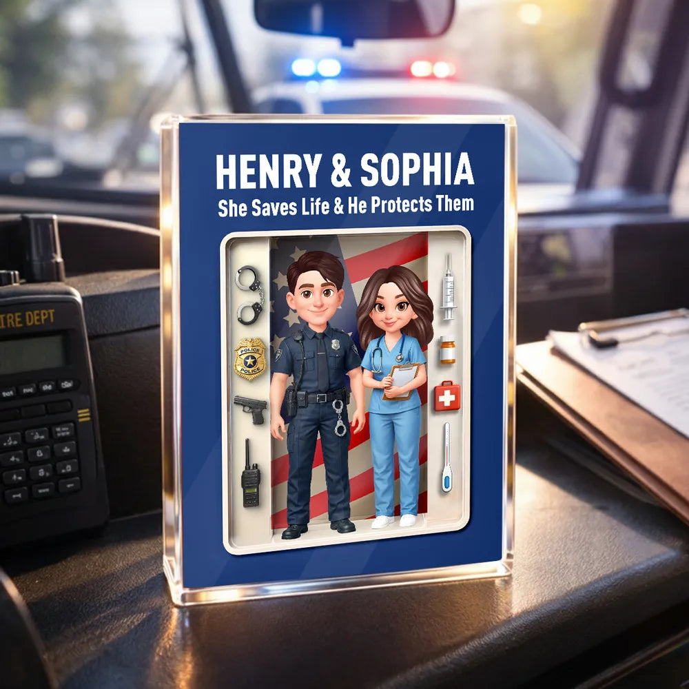 Rectangle Acrylic Block Plaque with Police & Nurse Couple and US Flag, Personalized Keepsake Gift for Him & Her