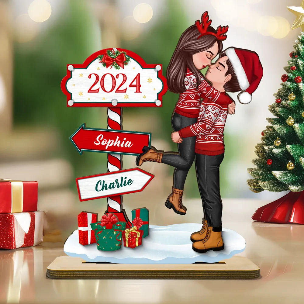 Couple Hugging Kissing North Pole Sign, Custom 2-Layer Wooden Plaque or Ornament or Poster or Keychain, Gift for Christmas Decor