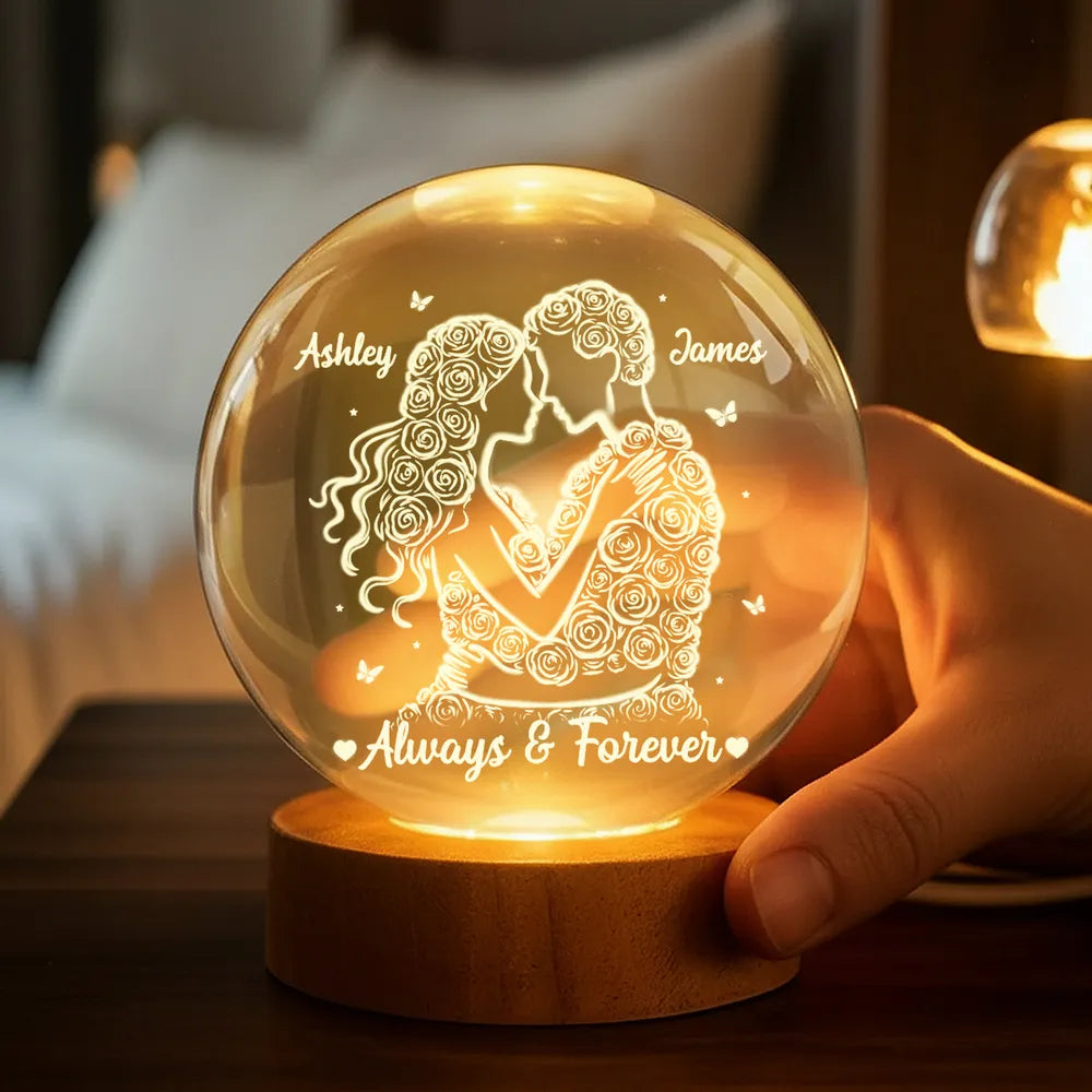 Personalized Crystal Ball LED Night Light -Romantic Rose Couple Night Light for Bedroom Decor Unique Valentine's Day Gift for Her or Him