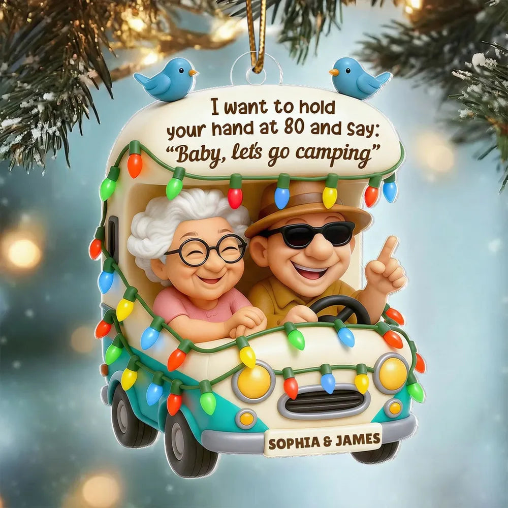 Personalized Camping RV Acrylic Ornament, Smiling Older Couple Road Trip Scene, Warm Holiday Decor, Creative Christmas Gift for Couples