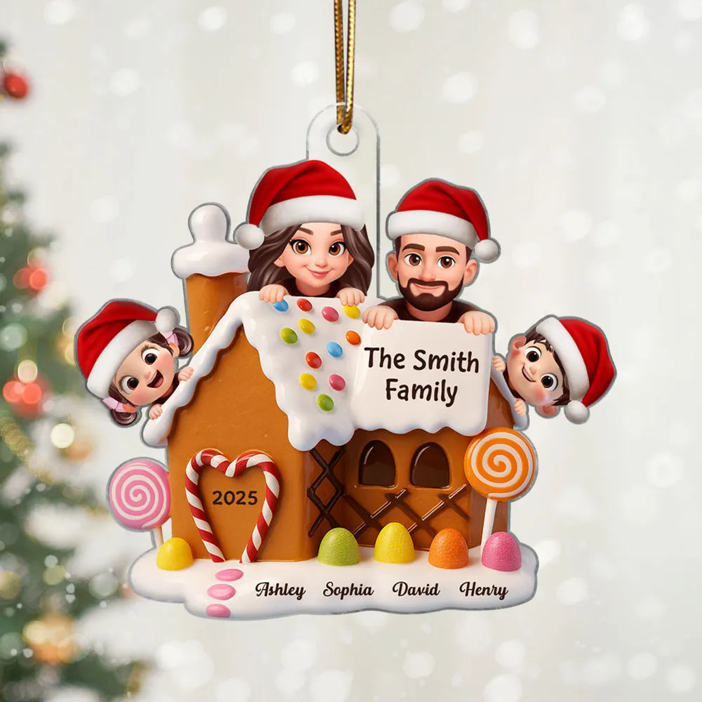 Christmas Gingerbread House Acrylic Ornament with Cute Cartoon Family Design, Warm Holiday Décor, Perfect Gift for Loved Ones