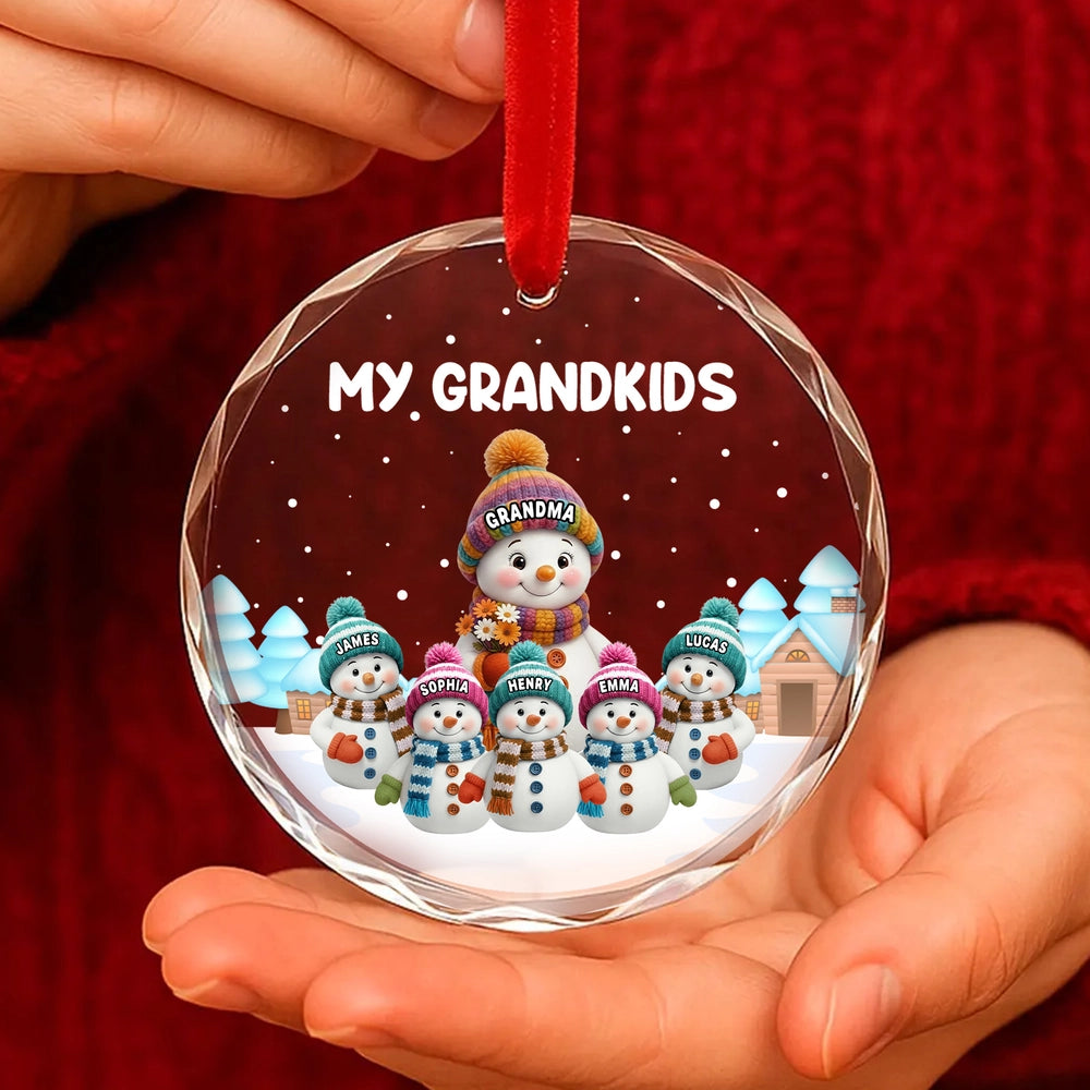 Crystal Ornament with Snowman Grandkids, Snowy Village Scene, customizable decor, heartfelt keepsake, unique gift for Grandma Grandpa