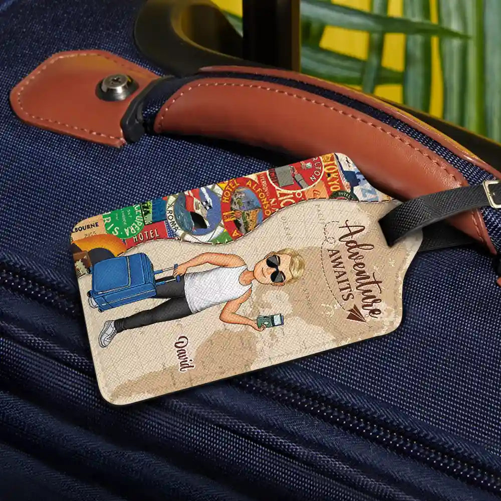 And So The Adventure Begins Leather Luggage Tag, Personalized Travel Accessory for Her with Cartoon Traveler, Stylish Unique Gift for Trips & Cruises