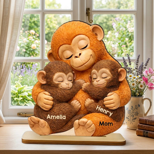 Personalized 2-Layer Wooden Plaque with Hugging Mom Monkey and Babies - Unique Mother's Day Gift for Mom