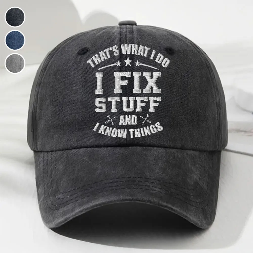 Personalized Washed Denim Baseball Cap with Funny Fix Stuff Quote, Vintage Look Everyday Hat, Unique Gift for Dad