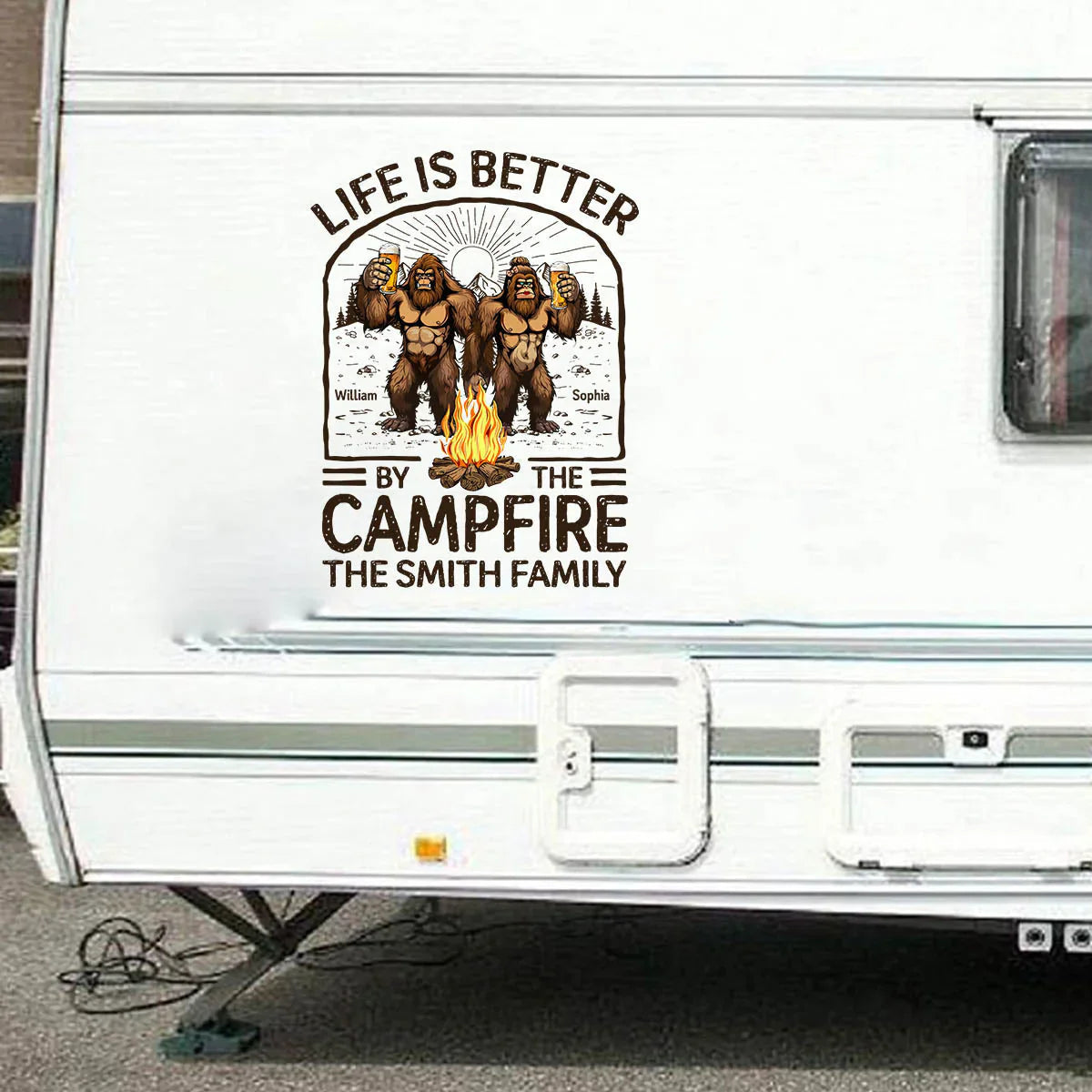 Personalized Sticker Decal Life Is Better by the Campfire Bigfoot Couple for RVs and Campers - Unique Gift