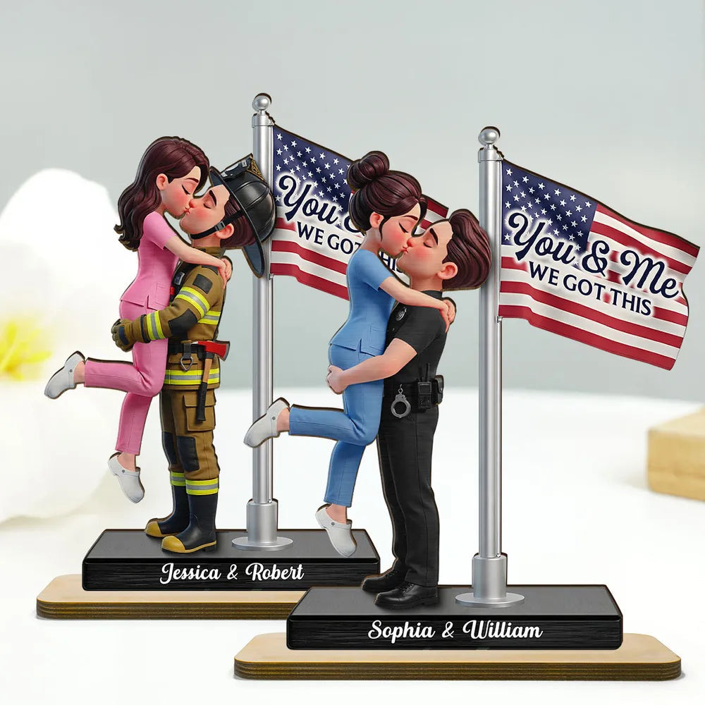 Personalized 2-Layer Wooden Plaque Hero Couple Kissing by US Flag You & Me We Got This Unique Gift for Him or Her