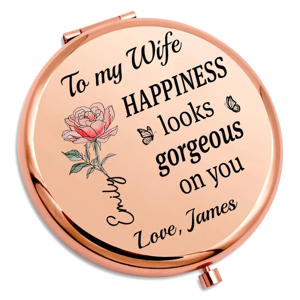 Metal Compact Mirror for Wife, Rose Floral Love Message, Purse Travel Touch-Up, Romantic Unique Gift