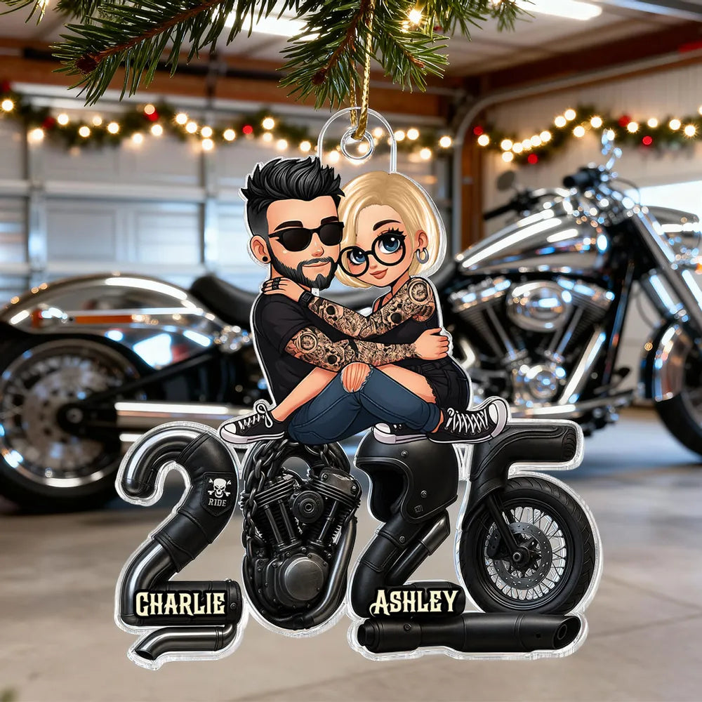 Cute Romantic Acrylic Ornament of a Hugging Biker Couple, Personalized Christmas Ornament, Sweet Unique Gift for Him or Her