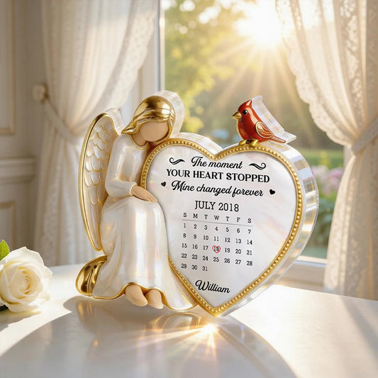 Personalized Shaped Acrylic Block Plaque with Angel & Heart Calendar Design - Memorial Keepsake Gift for Family