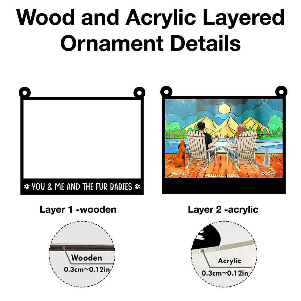 "Rustic Couple and Dogs Wood & Acrylic Ornament - Personalized Mountain View Gift"