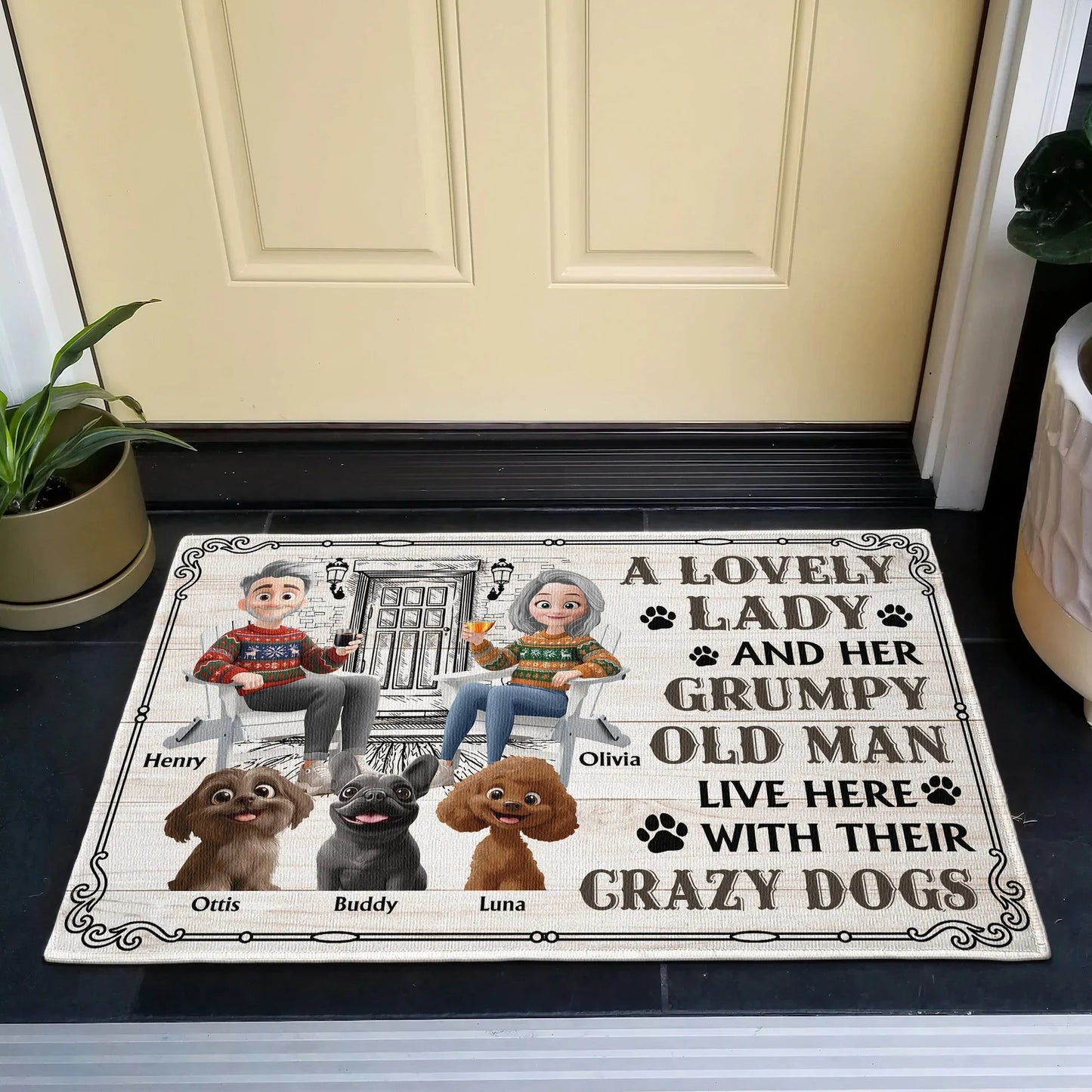 Custom Dog Lover Standard Doormat with Cartoon Couple & Crazy Pups - Personalized Housewarming Gift for Porch or Indoor Entryway