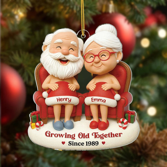 Personalized Acrylic Ornament Cute Cartoon Elder Couple Sitting Together Christmas Tree Decor, Unique Gift for Couples