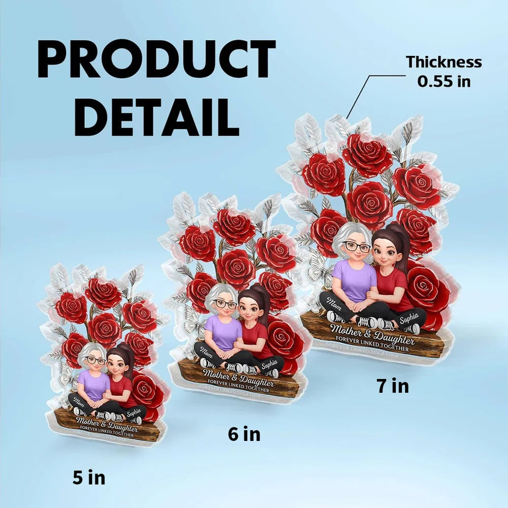 Mother and Daughter Forever Linked Together Shaped Acrylic Block Plaque, Personalized Keepsake Gift for Mom, Rose Decor