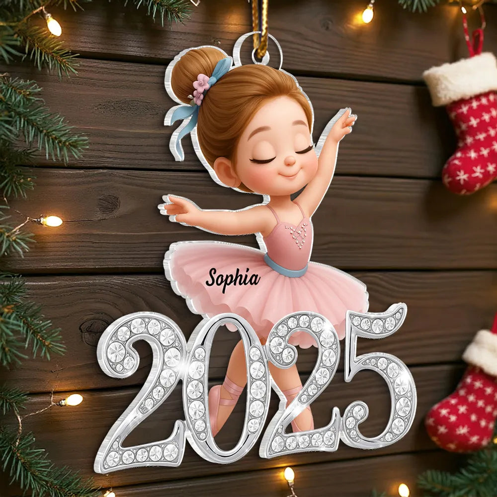 Personalized Acrylic Ornament Ballerina Girl with Sparkly Year Detail for Christmas Tree Decor, Unique Gift for Kids